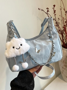 Fashion Women Pleated PU Leather Shoulder Bag With Metal Butterfly Decor Chain Strap High Capacity Hobo Tote Crossbody Bag