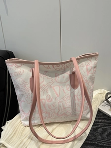 White graffiti canvas tote bag with pink leather straps and cartoon cat patterns