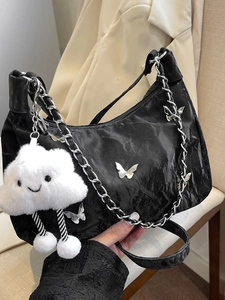 Fashionable black butterfly tote bag with silver chain and white cloud plush charm