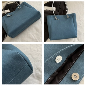 Detail shots of denim tote bag with silver rope handles and magnetic closure system
