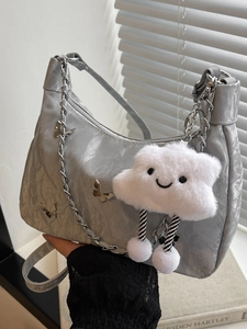 Silver large capacity butterfly hobo bag with metallic chain and plush charm