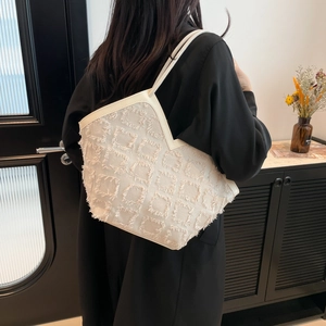 Sac Fourre-Tout de Créateur de Niche pour Femmes Ouverture en V Franges Plaid Tweed Sac à Épaule Cuir PU Sac à Main Quotidien