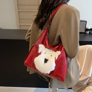 Sac Fourre-tout en Cuir PU pour Femmes Grande Capacité Sac à Épaule Mode avec Chien en Peluche Sac à Main Décontracté pour Filles