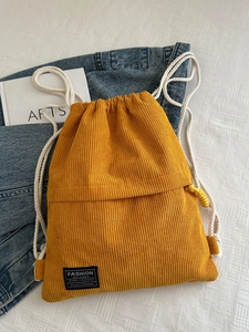 Casual Corduroy Drawstring Backpack For Women Vintage Solid Color School Bag Minimalist Lightweight Travel Rucksack Shoulder Bag