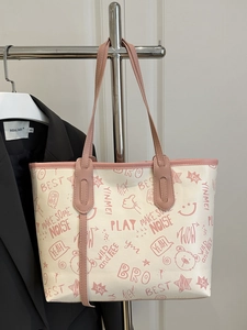 Contrast color tote bag with pink graffiti bear print and sweet cartoon shoulder straps
