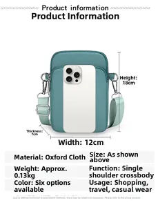 Compact green phone bag size detail showing height 18cm width 12cm and depth 7cm dimensions