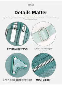 Detail view of green nylon crossbody bag featuring metal zippers and adjustable strap