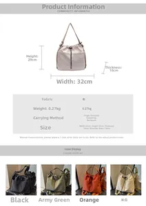 Detailed spec chart for waterproof nylon bucket bag showing dimensions and four colors