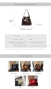 Tableau des tailles pour sac seau chic en cuir PU dimensions 22x24x11cm et types de port