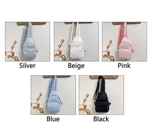Detailed grid of mini nylon chest bags in silver, white, pink, blue, and black variants