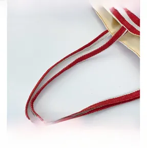 Detailed macro view of red and white woven handle with reinforced stitching on tote bag