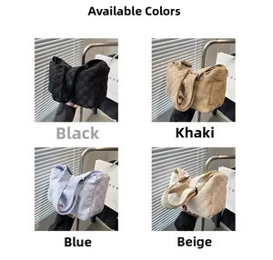 Collage of checkered knit handbags shown in black, khaki, blue, and beige colors