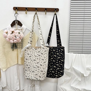 Floral print tote bags with seersucker texture and long shoulder straps for women