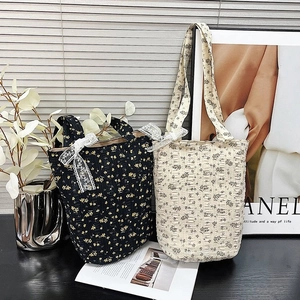 Women Floral Print Tote Bag Polyester Seersucker Shoulder Bag With Lace Bow Casual Retro Fashion Handbag Daily Shopping Bag