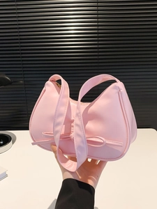 Borsa a mezzaluna rosa con fiocco decorativo in morbida pelle PU per donna elegante