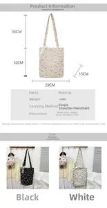 Detailed size chart and dimensions for the floral canvas tote bag with shoulder straps