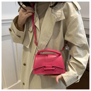 Detail of fuchsia leather crossbody bag with top handle and decorative metal bar accent