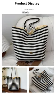 Detailed views of a black and white striped canvas tote bag with a small oval logo tag