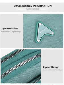 Close-up of the silver metal zipper and triangle logo on this teal nylon crossbody bag