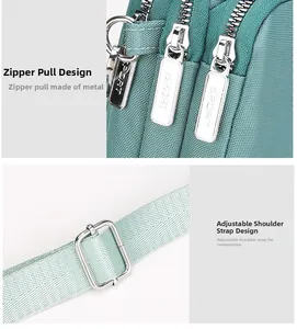 Detailed view of the multi-layer silver zippers and adjustable green nylon strap