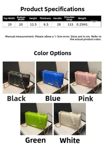 Detailed size specifications and five-color display of quilted V-pattern chain flap bag