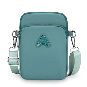 Teal nylon crossbody phone bag with dual zippers and adjustable sport strap for women