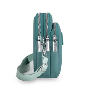 Teal multi-layer crossbody phone bag with three zippers and adjustable strap