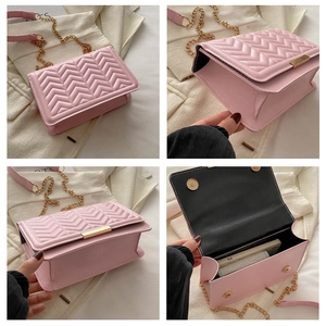 Pink quilted crossbody bag with golden chain strap shown from multiple angles