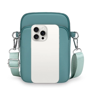 Detail view of teal nylon crossbody phone bag showing double zippers and fabric texture