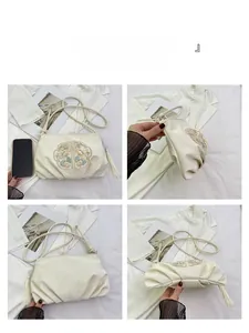 Detailed multi-angle views of cream-white Chinese style bag with floral embroidery and tassels