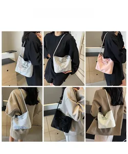 Collage of model wearing pleated tote bags with bow detail in various colors