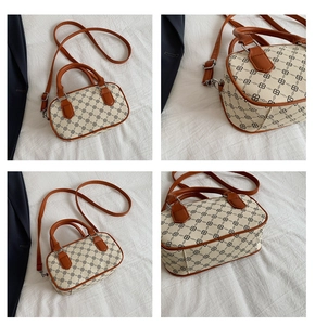 Multi-angle views of a retro barrel crossbody bag with chain print and leather trim
