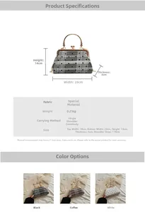 Detail view showing compact shell crossbody bags in plaid and polka dot patterns with pearl handle