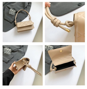 Detailed views of beige quilted shoulder bag with knot handle and gold hardware detail