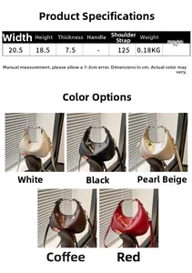 Detailed size chart and multi-color selection of the crescent PU leather shoulder bag