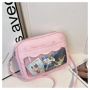 Borsa rosa con finestra trasparente dal bordo ondulato e tracolla regolabile