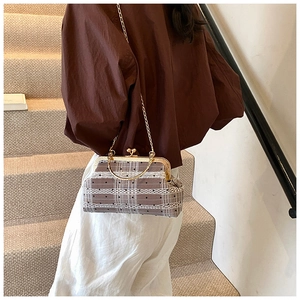 Brown plaid doctor bag with golden metal frame handle and chain strap shown on model