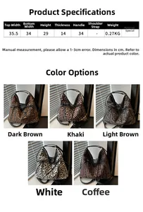 Detailed size chart and multi-color options for leopard print large capacity tote bag