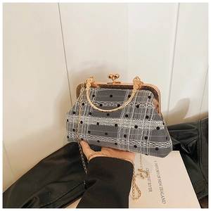Detail of vintage shell bag with black polka dot mesh, plaid fabric and gold metal clasp