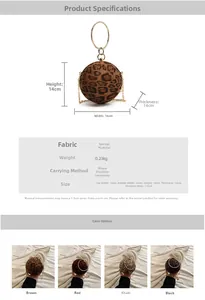 Detail specifications of leopard print sphere clutch with golden ring handle and chain