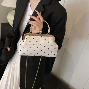 Polka dot canvas shell bag for women with gold bead handle and chain shoulder strap