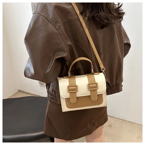 Detail view of the contrast color crossbody bag with dual-buckle flap and top handle