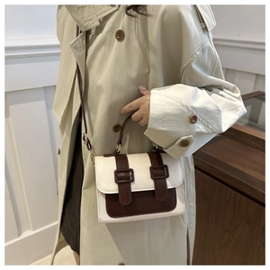 British style color-block crossbody bag with brown leather flap and decorative buckles