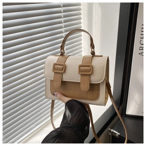 Close-up of contrast color handbag featuring square buckles and smooth leather texture