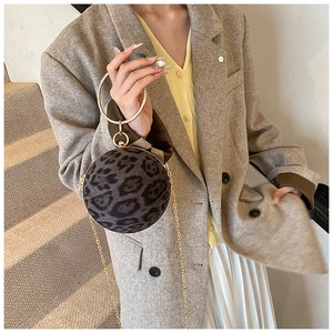 Detail showing leopard print texture and golden circular handle on a mini round crossbody bag