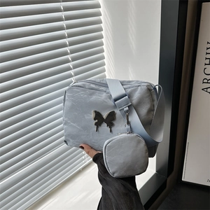 Women's Fashion Canvas Pillow Shoulder Bag With Butterfly Metal Decor Mini Round Coin Purse Trendy Chain Crossbody Bag