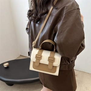Fashionable color-block square crossbody bag in beige and brown leather with buckles