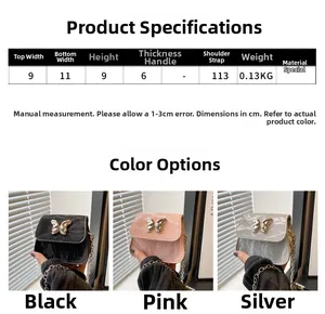 Tableau des tailles du mini sac avec options noir, rose, argent et détails nœud