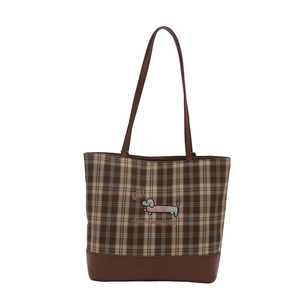Sac fourre-tout à carreaux marron style britannique avec broderie chien et cuir