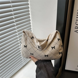 Sac à Main Décontracté en Toile pour Femmes Imprimé Nœud Matelassage Losange Sac Sous le Bras Mode Rétro Polyvalent